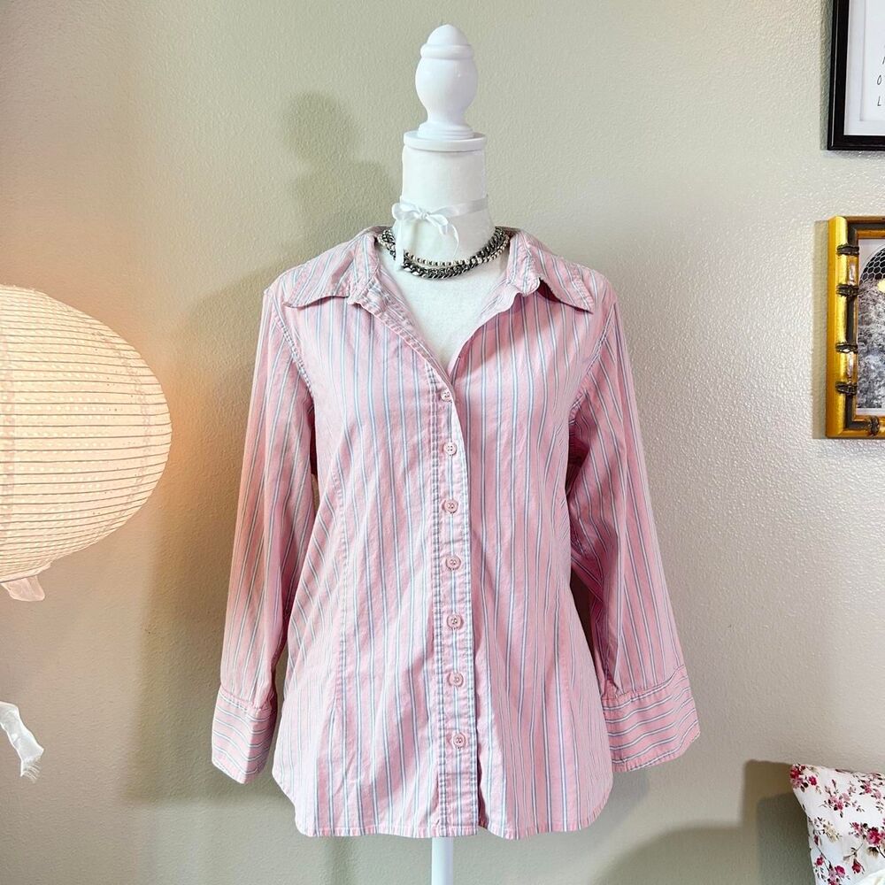 Denim & Co preppy pink striped cotton button up shirt M